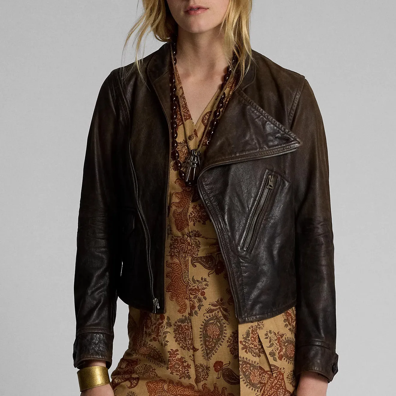 RRL by Ralph Lauren Womens Leather Moto Jacket Dark Sepia