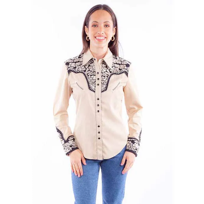 SCULLY WOMEN'S FLORAL TOOLED EMBROIDERED LONG SLEEVE WESTERN SHIRT TAN