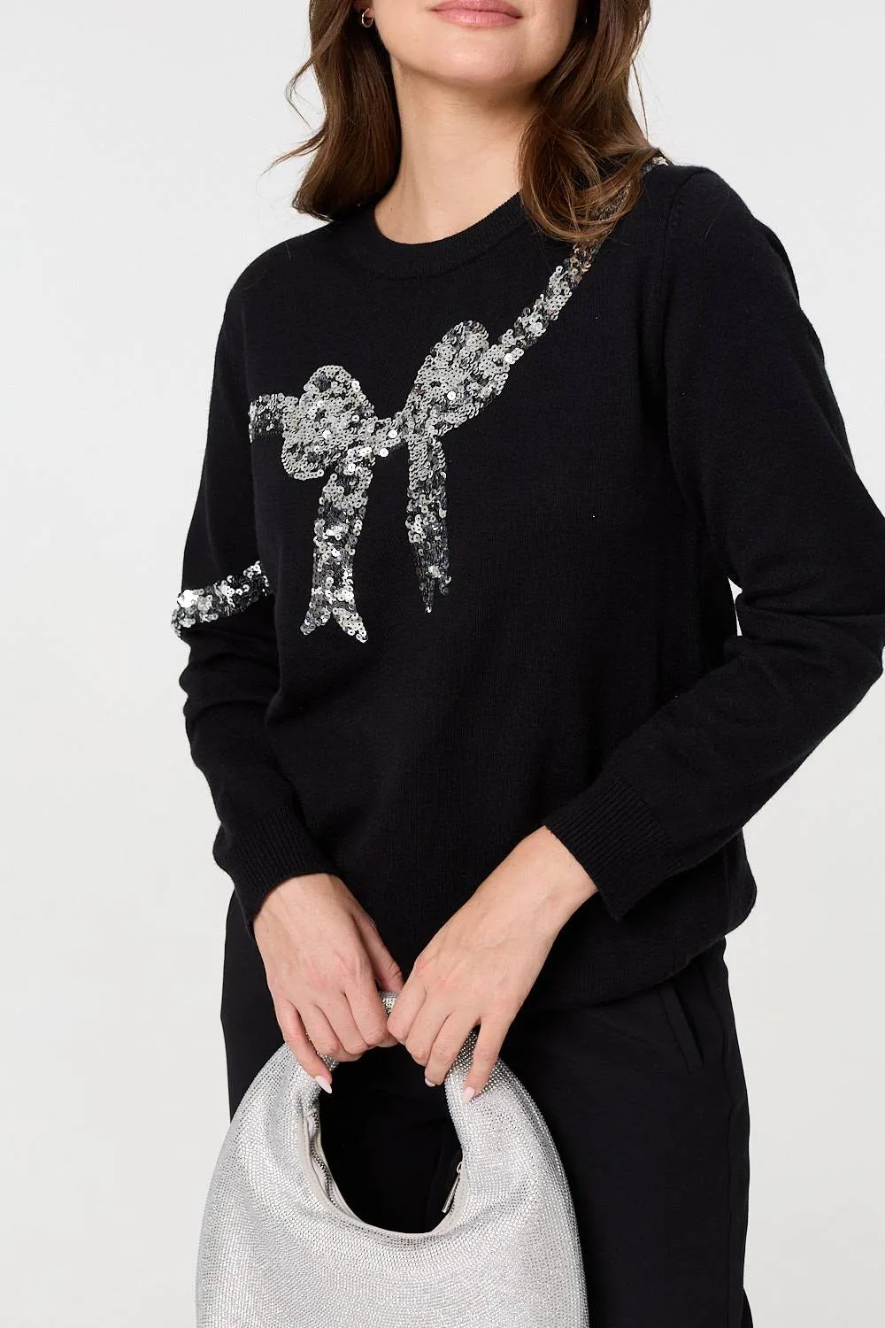 Sequin Bow Print Long Sleeve Jumper