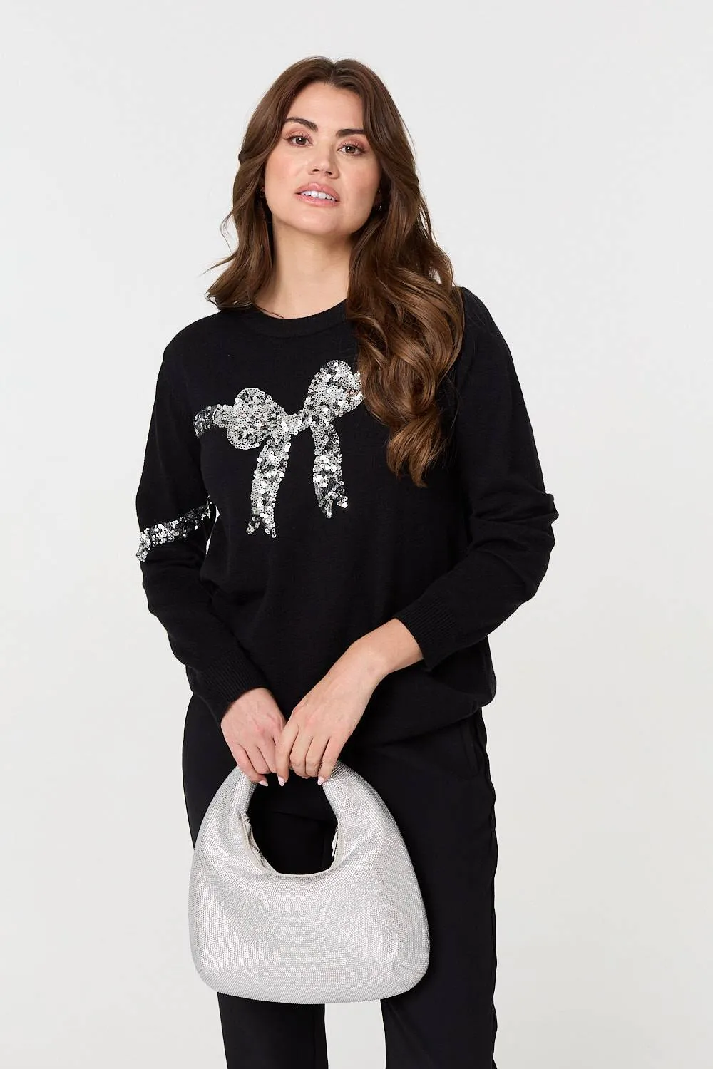 Sequin Bow Print Long Sleeve Jumper