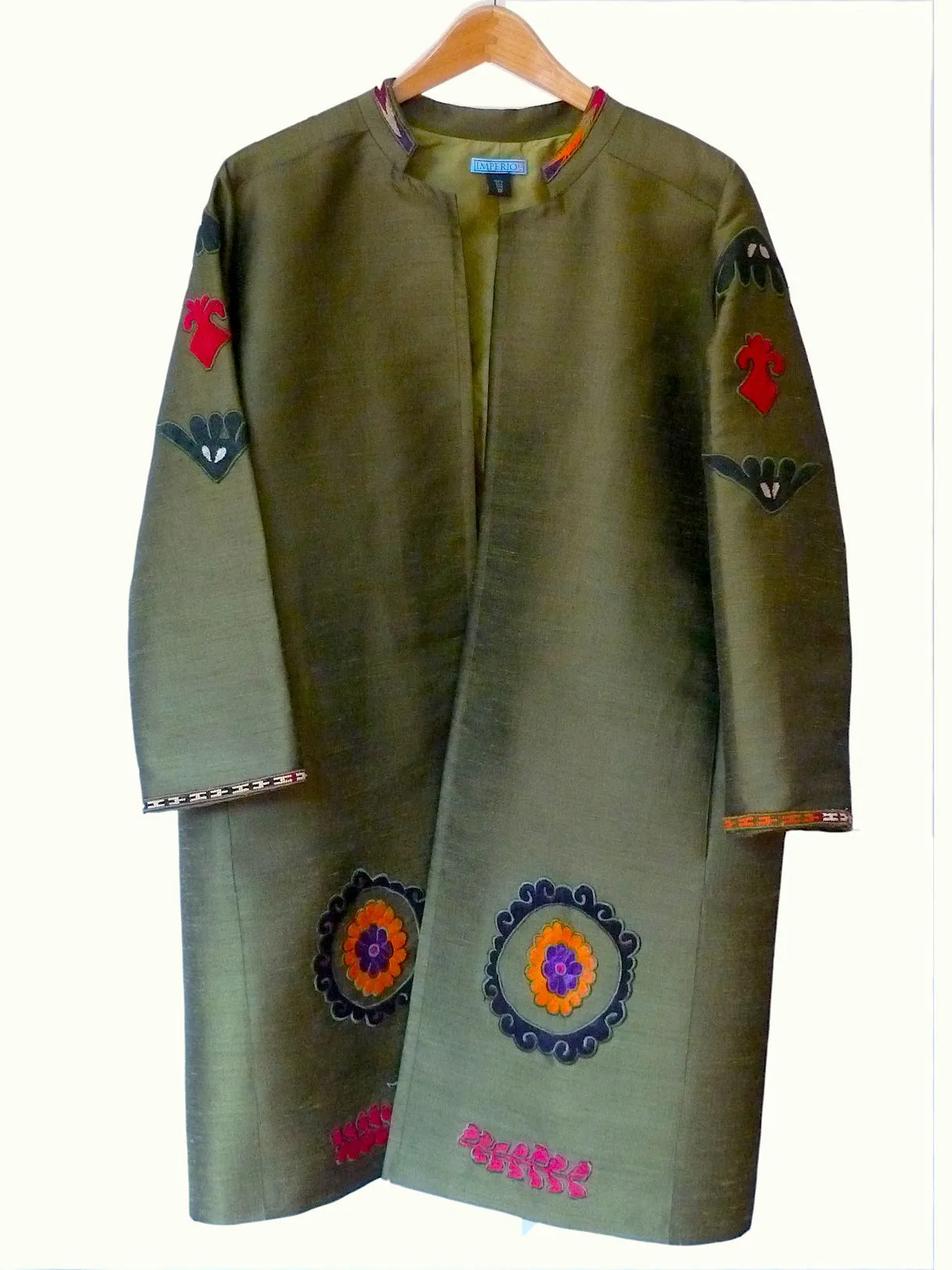 Silk Vintage Suzani Open Tunic Cocktail Coat Olive