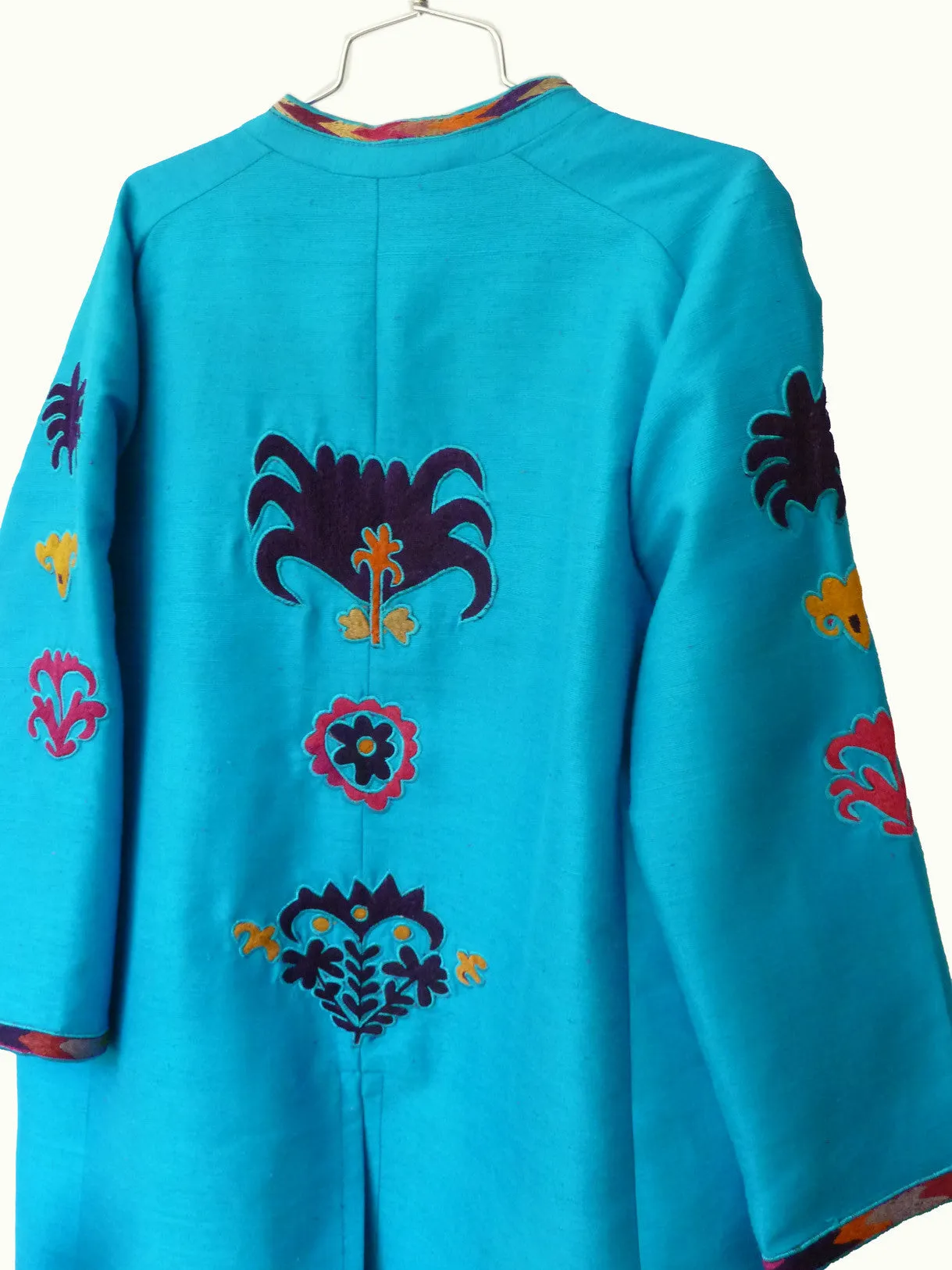 Silk Vintage Suzani Open Tunic Cocktail Coat Turquoise