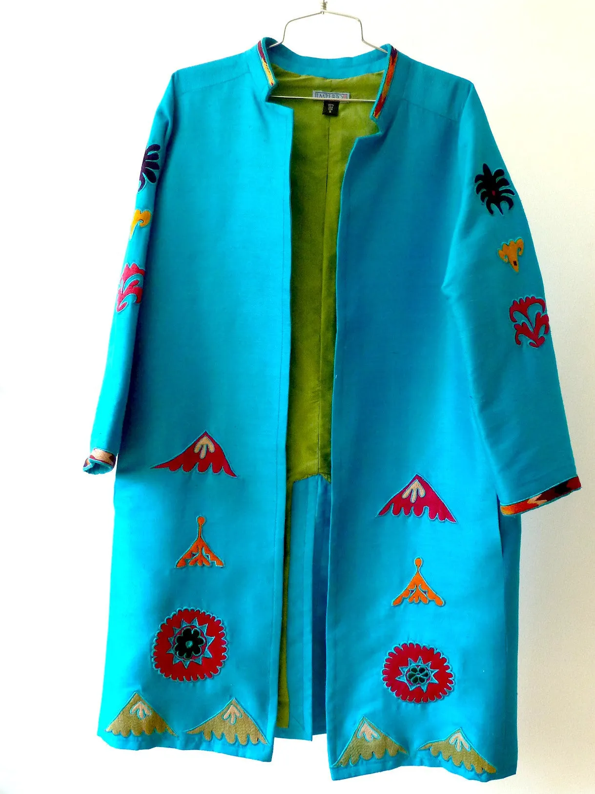 Silk Vintage Suzani Open Tunic Cocktail Coat Turquoise