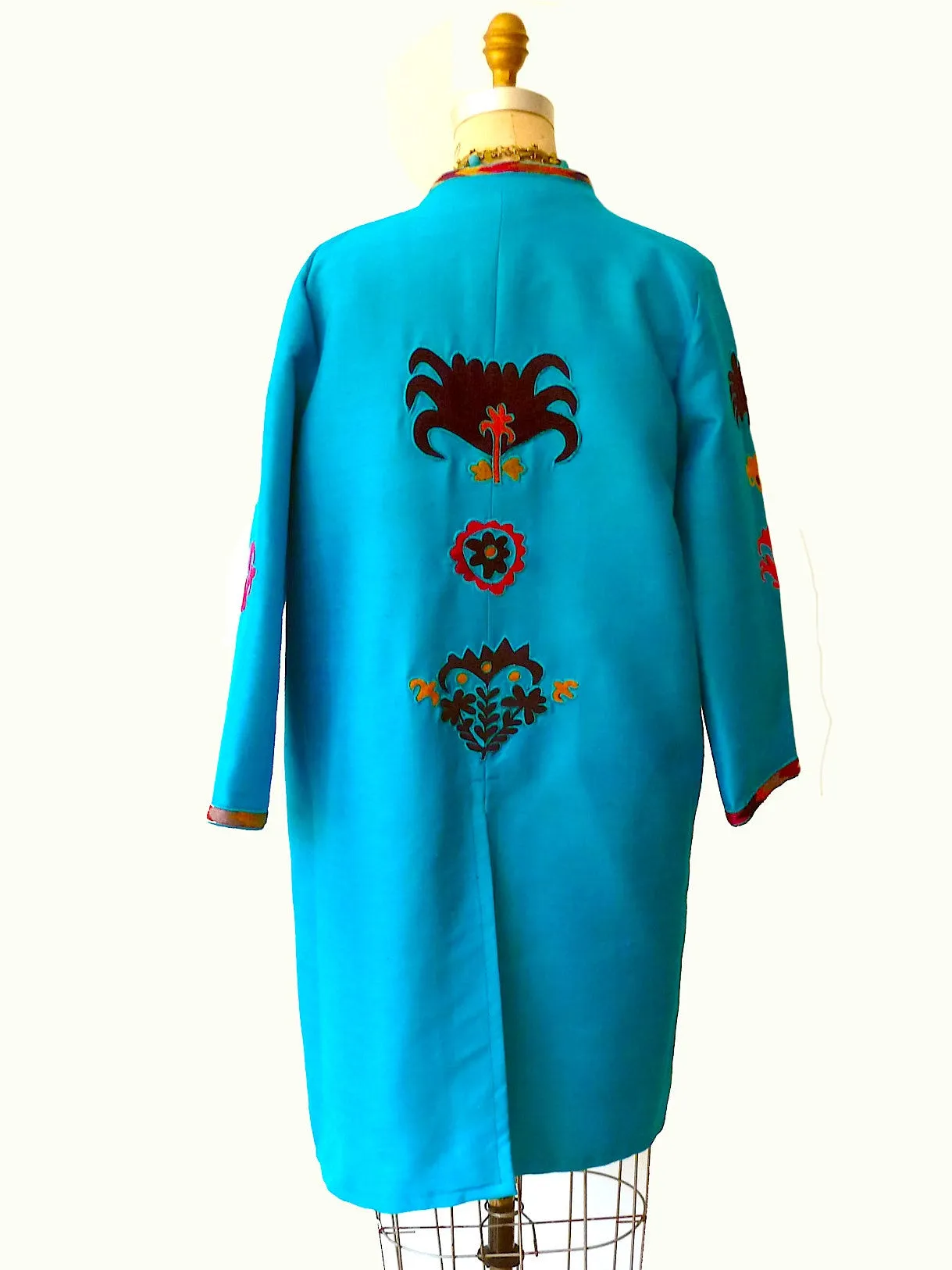 Silk Vintage Suzani Open Tunic Cocktail Coat Turquoise