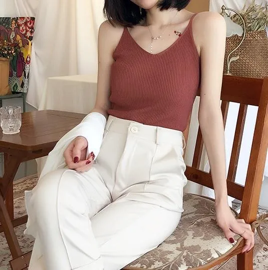 Soft Aesthetic Slim Ribbed Knit Sleeveless Top