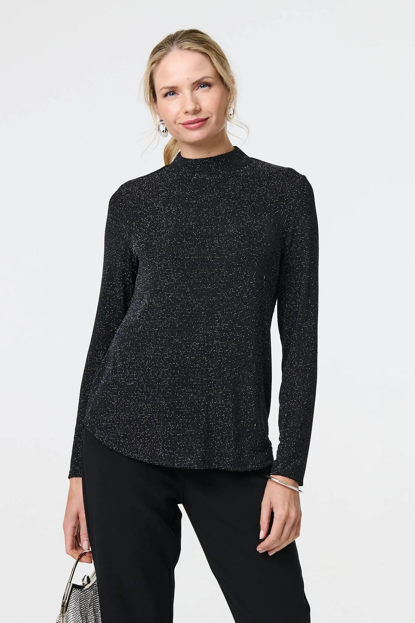 Sparkle Knit Long Sleeve High Neck Top