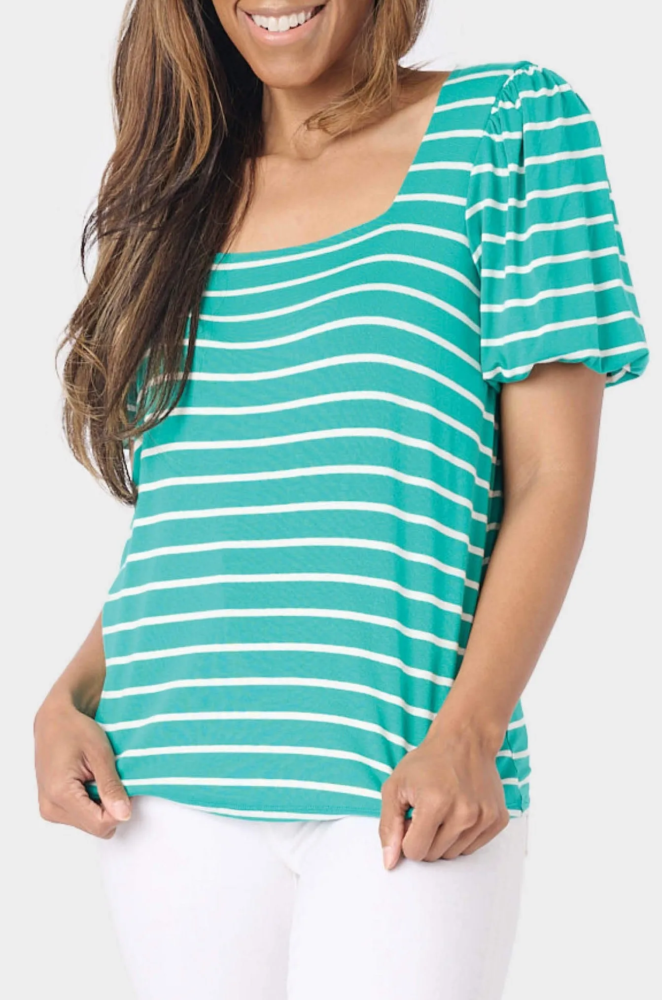 Square Neck Puff Sleeve Striped Top