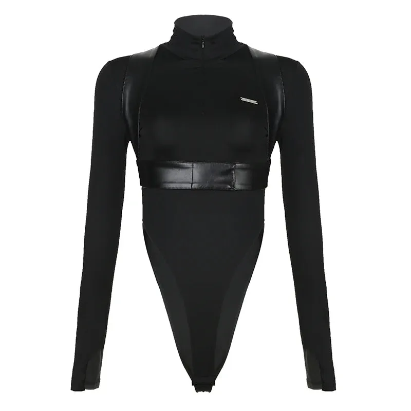 Streetwear Bandage Skinny Turtleneck Bodysuit Women Black Autumn Body PU Leather Moto&Biker Style One Piece Jumpsuit