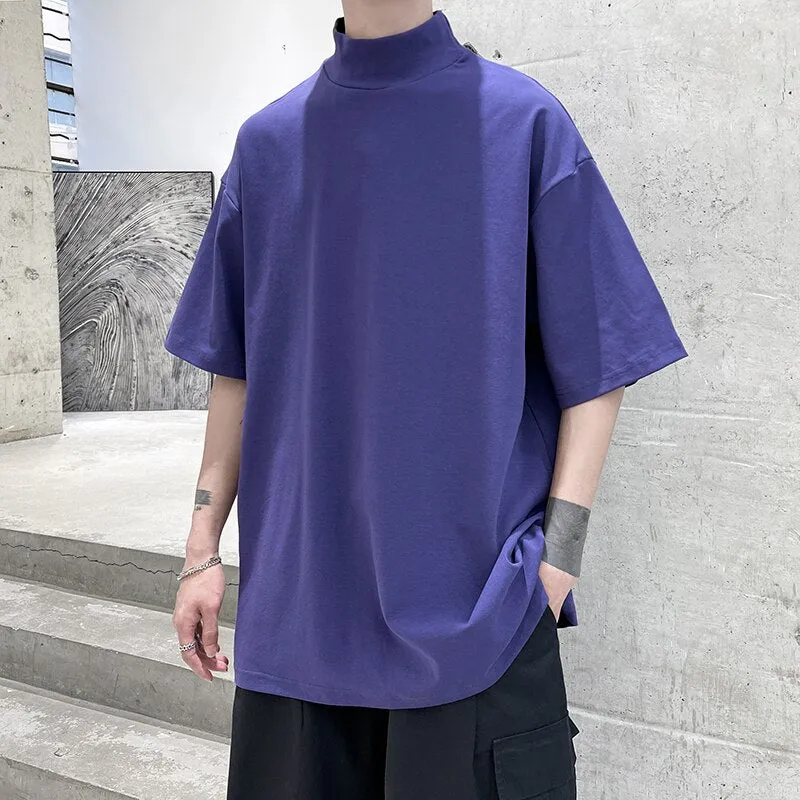 Streetwear Turtleneck Men Tshirt Solid Hip Hop Male Oversized T shirts Man Casual Short Sleeve Top Tees Black/White/Purple