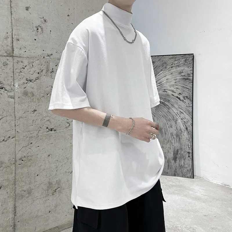 Streetwear Turtleneck Men Tshirt Solid Hip Hop Male Oversized T shirts Man Casual Short Sleeve Top Tees Black/White/Purple