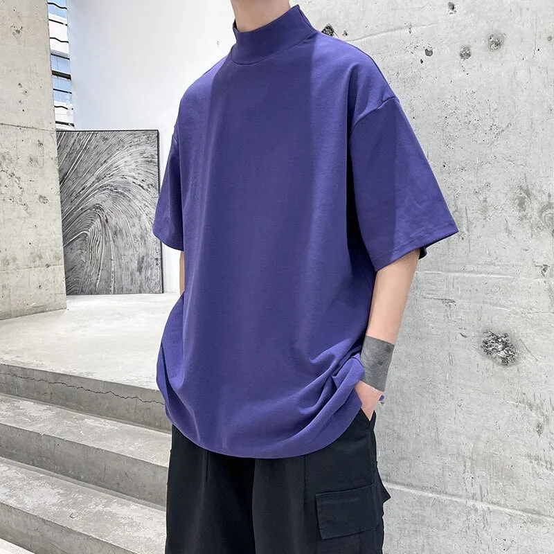 Streetwear Turtleneck Men Tshirt Solid Hip Hop Male Oversized T shirts Man Casual Short Sleeve Top Tees Black/White/Purple