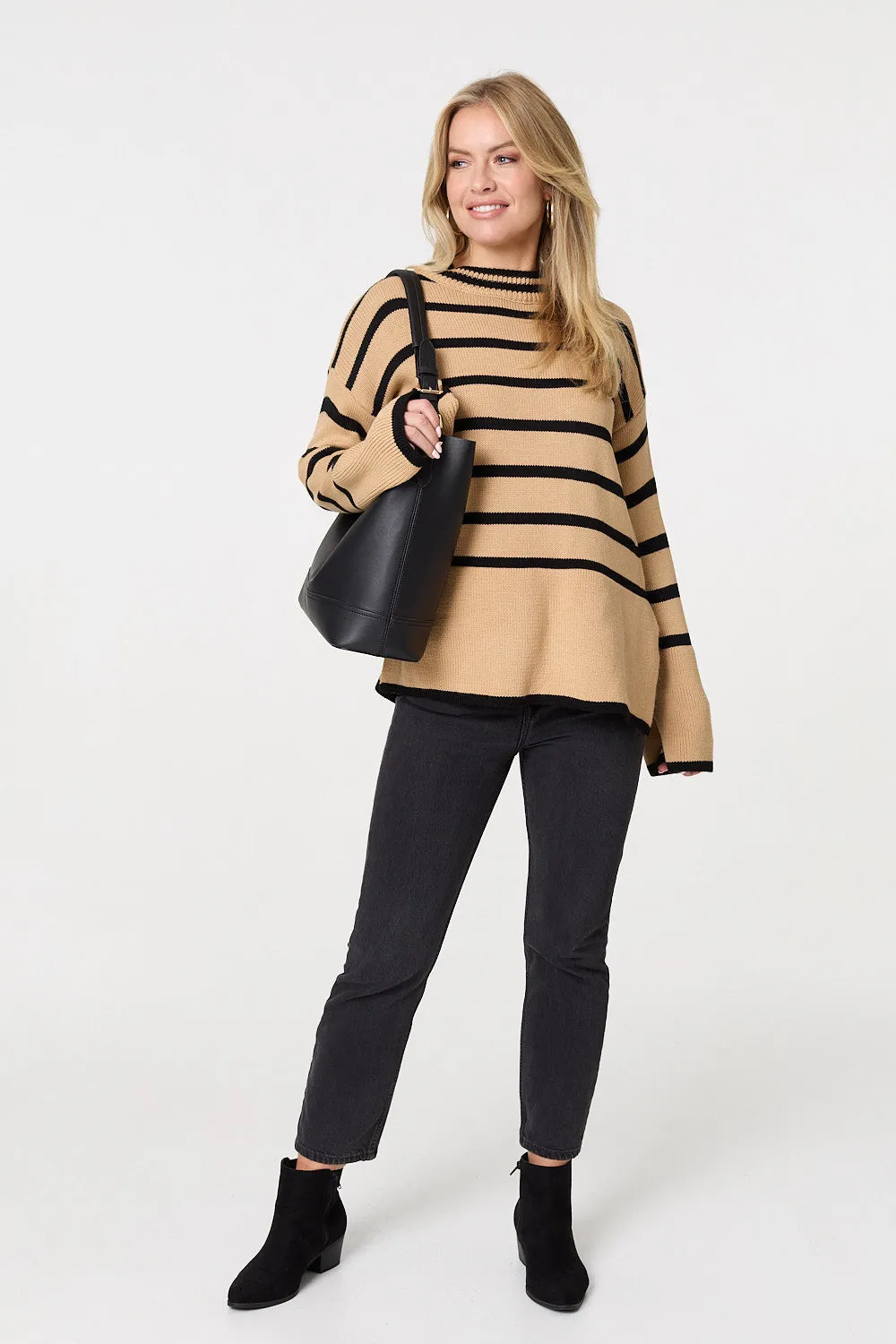 Striped Flare Sleeve Roll Neck Jumper