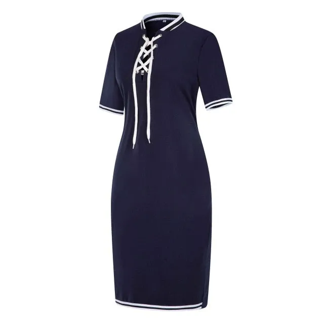 Striped Korean Short Sleeve Polo Pencil Dress