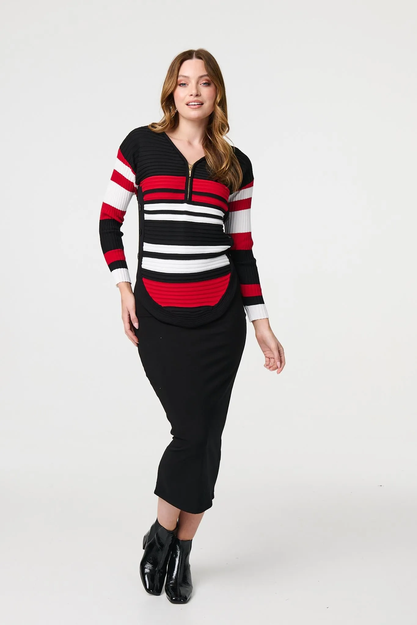 Striped Zip Front Knit Pullover