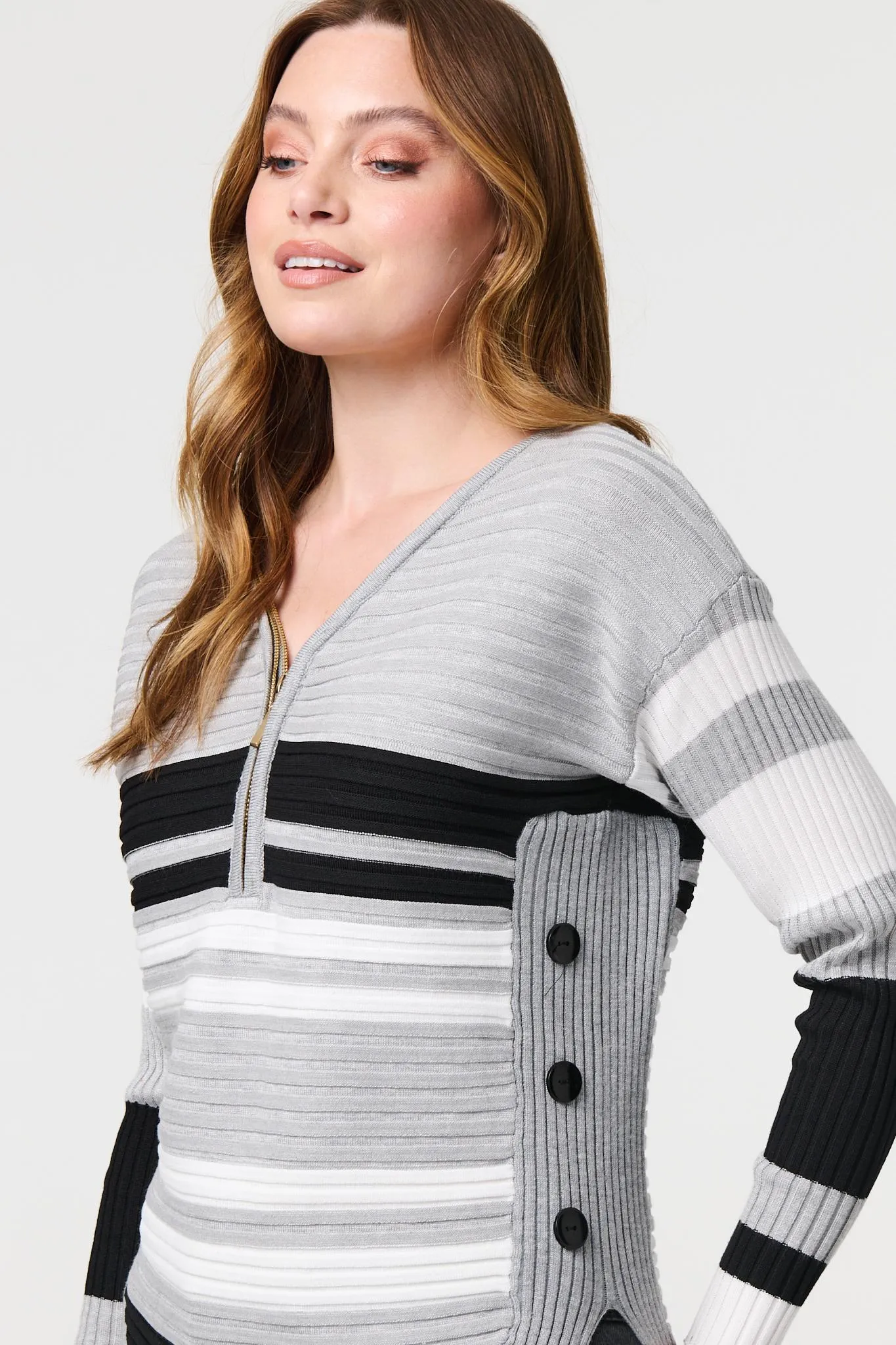 Striped Zip Front Knit Pullover