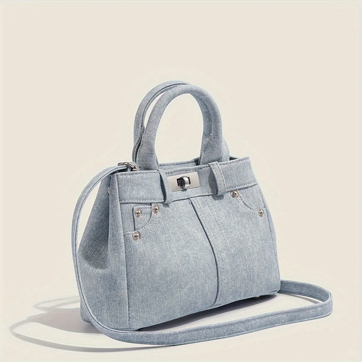 Stylish One Elegant Blue Denim Tote Bag with Detachable Shoulder Strap - Ideal for Daily Commutes and Leisurely Outings