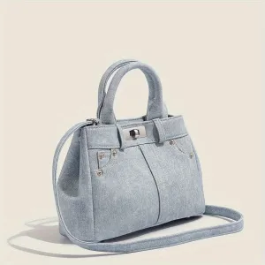 Stylish One Elegant Blue Denim Tote Bag with Detachable Shoulder Strap - Ideal for Daily Commutes and Leisurely Outings