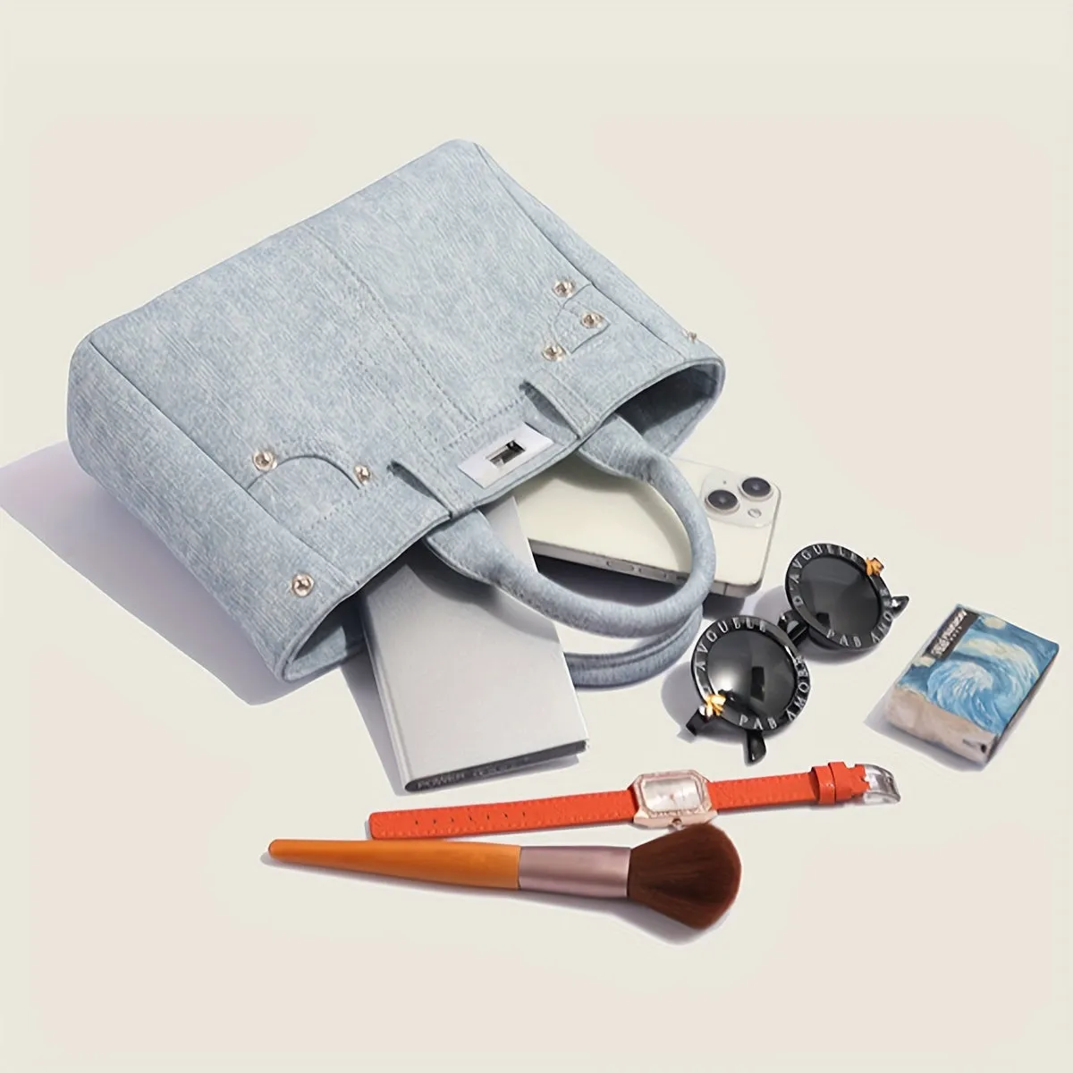 Stylish One Elegant Blue Denim Tote Bag with Detachable Shoulder Strap - Ideal for Daily Commutes and Leisurely Outings