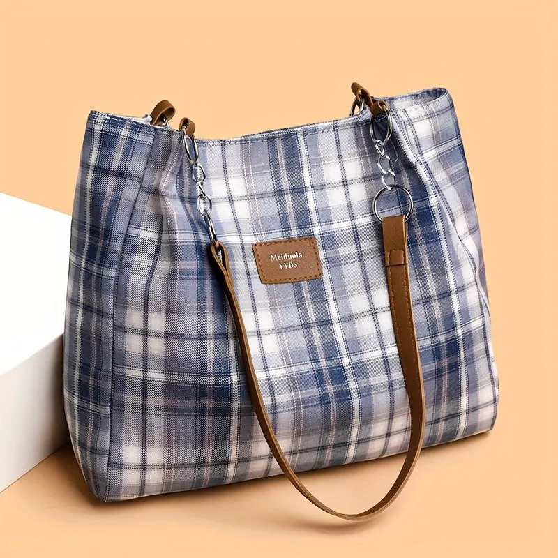 Stylish Plaid Nylon Tote Bag - Trendy Women's Commuter Shoulder Handbag for Work and Daily Life - Durable, Water-Resistant, and Spacious Interior