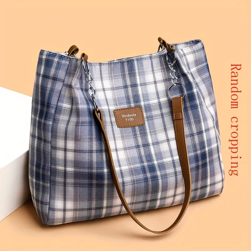 Stylish Plaid Nylon Tote Bag - Trendy Women's Commuter Shoulder Handbag for Work and Daily Life - Durable, Water-Resistant, and Spacious Interior