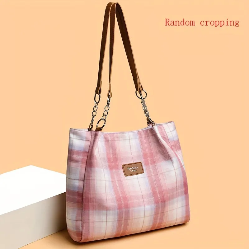 Stylish Plaid Nylon Tote Bag - Trendy Women's Commuter Shoulder Handbag for Work and Daily Life - Durable, Water-Resistant, and Spacious Interior