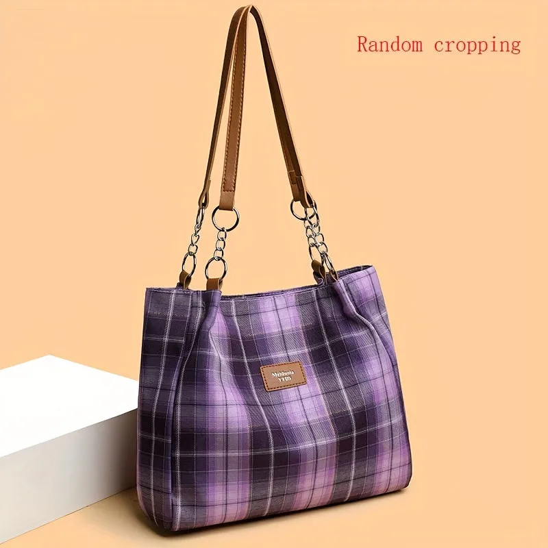 Stylish Plaid Nylon Tote Bag - Trendy Women's Commuter Shoulder Handbag for Work and Daily Life - Durable, Water-Resistant, and Spacious Interior