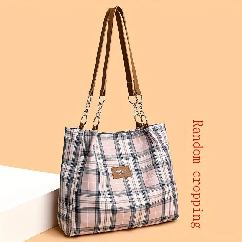 Stylish Plaid Nylon Tote Bag - Trendy Women's Commuter Shoulder Handbag for Work and Daily Life - Durable, Water-Resistant, and Spacious Interior