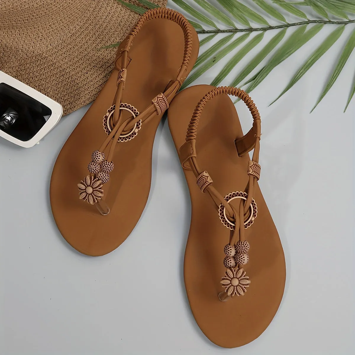 Stylish Womens Boho Beaded Thong Sandals - Ultra-Lightweight, Comfortable, and Breathable Flat Shoes for Summer Vacation, Beach, and Outdoor Activities - Elastic Straps, Slip-Resistant Soles, and Easy to Wear