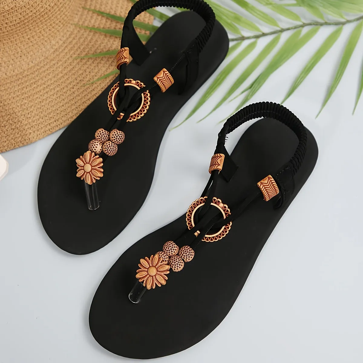 Stylish Womens Boho Beaded Thong Sandals - Ultra-Lightweight, Comfortable, and Breathable Flat Shoes for Summer Vacation, Beach, and Outdoor Activities - Elastic Straps, Slip-Resistant Soles, and Easy to Wear