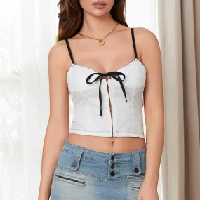 Summer V Neck Camisole Spaghetti Strap Front Tie Up Fashion Slim Fit Zipper Crop Tank Women Top