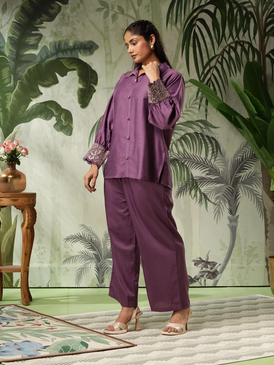 Swarna Plus Size Purple Muslin Embellished Co-Ord Set