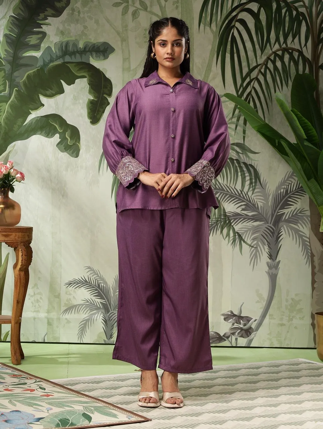 Swarna Plus Size Purple Muslin Embellished Co-Ord Set