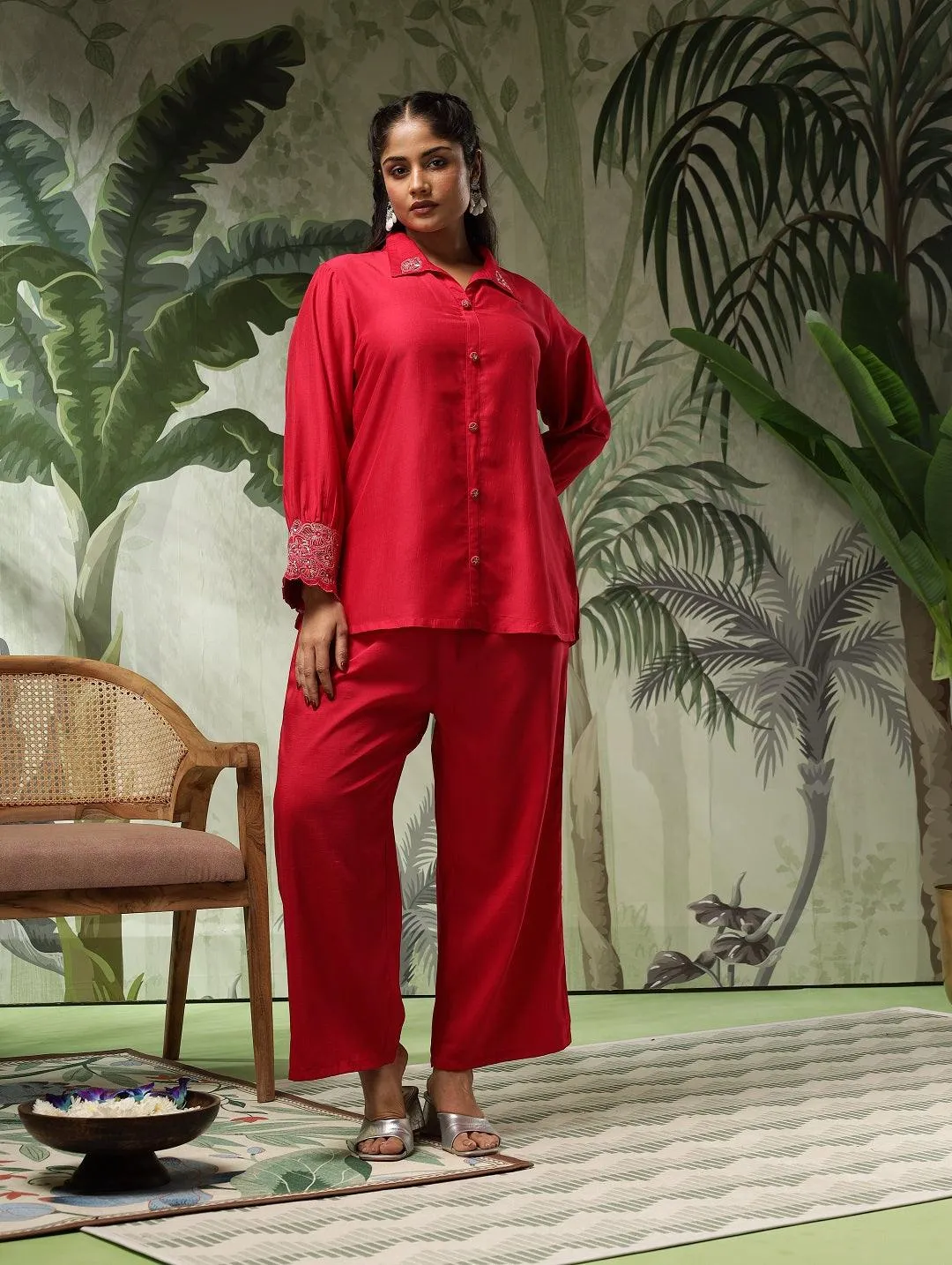 Swarna Plus Size Red Muslin Embellished Co-Ord Set