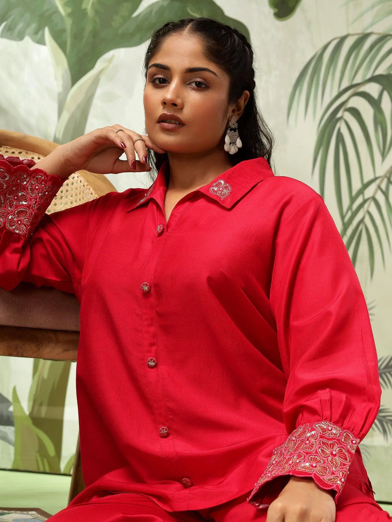 Swarna Plus Size Red Muslin Embellished Co-Ord Set