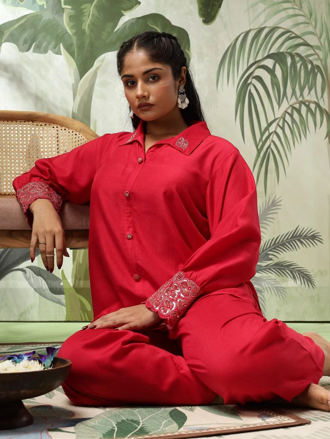 Swarna Plus Size Red Muslin Embellished Co-Ord Set