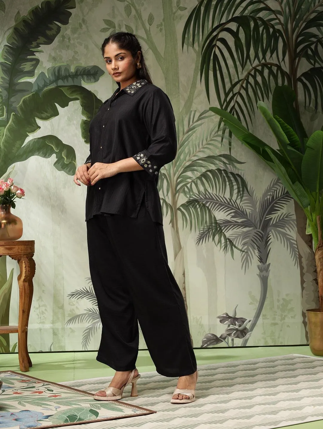 Swastika Plus Size Black Muslin Embroidered Co-Ord Set