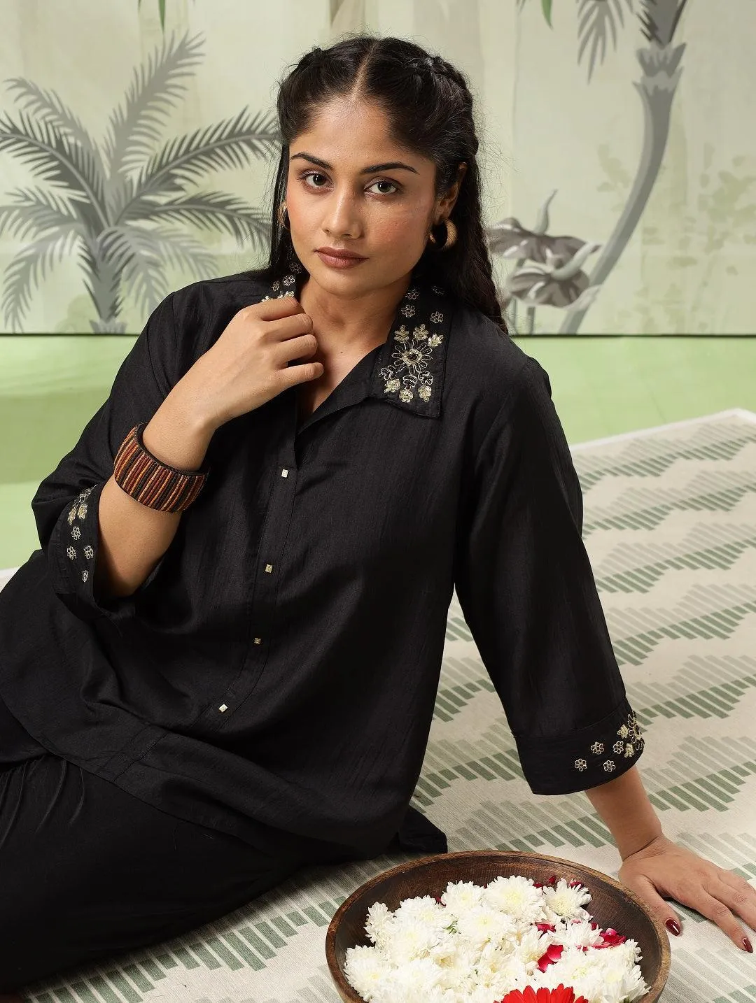 Swastika Plus Size Black Muslin Embroidered Co-Ord Set