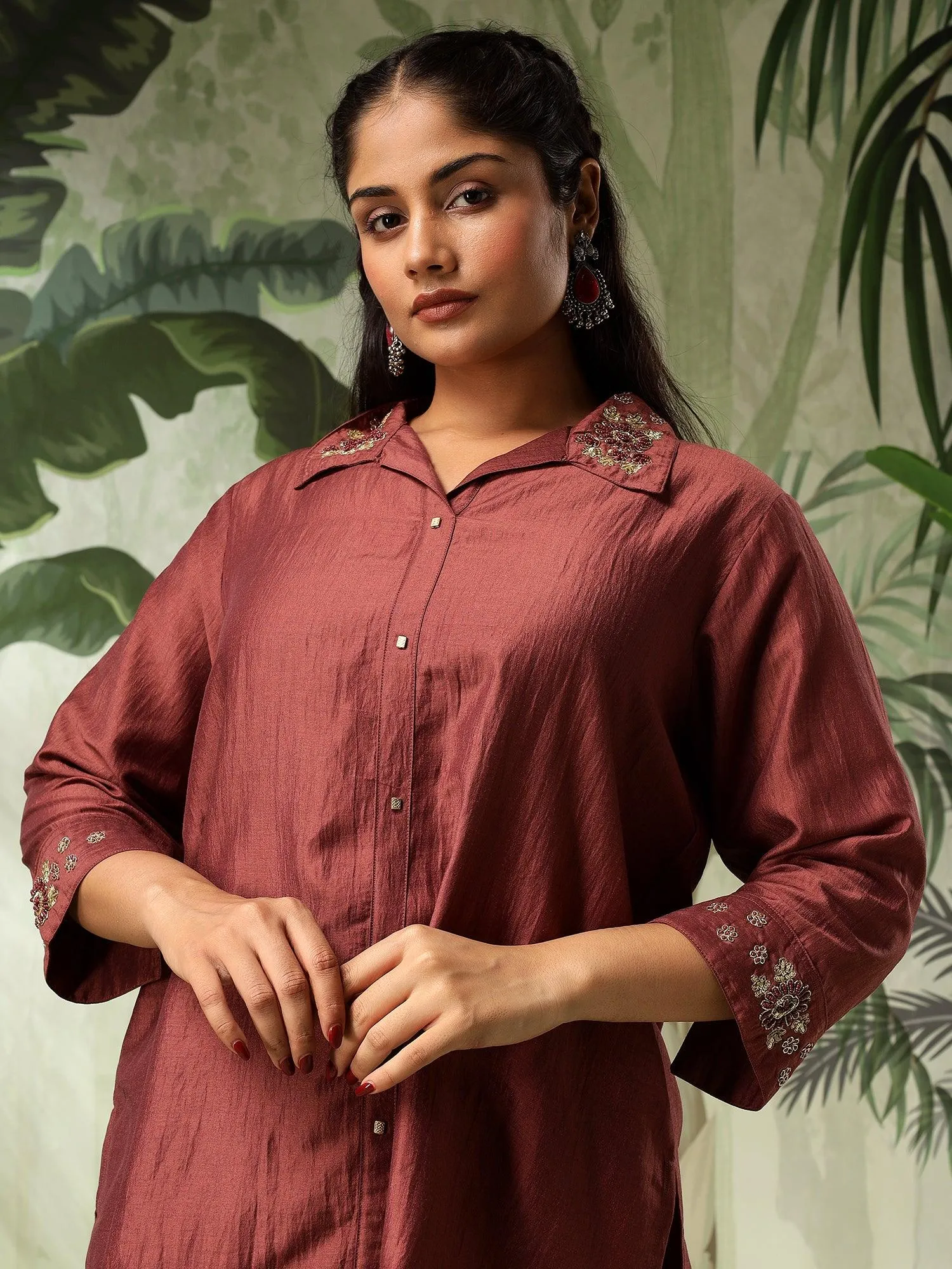 Swastika Plus Size Brown Muslin Embroidered Co-Ord Set