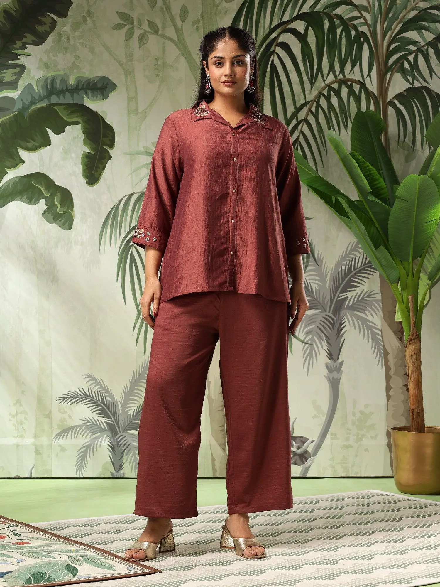 Swastika Plus Size Brown Muslin Embroidered Co-Ord Set