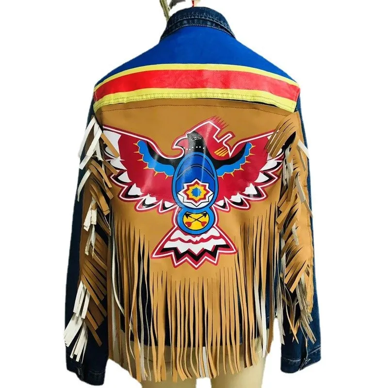 Thunderbird Print Jean Jacket Tan Vegan Leather Fringe With Fringed Sleeves Denim Coat With Colorful Eagle On Back Available In Sizes Small Medium Large XL And Plus Size 2X XXL