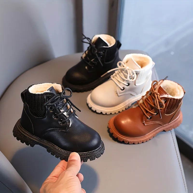 Trendy Comfortable Solid Color Plus Fleece Boots For Boys, Non-slip Wear-resistant Warm Boots For Winter