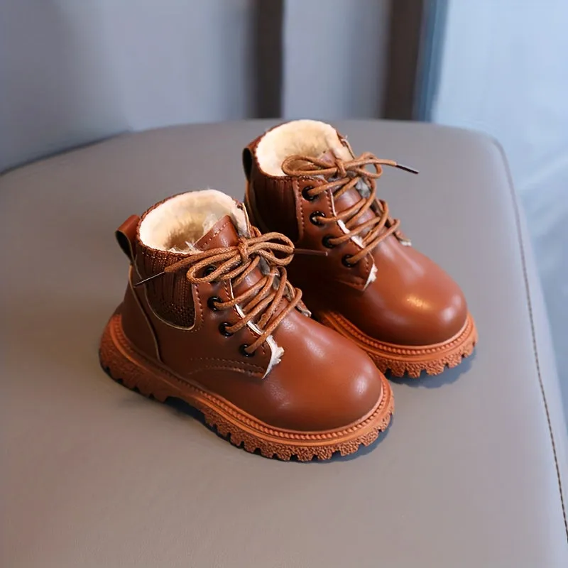 Trendy Comfortable Solid Color Plus Fleece Boots For Boys, Non-slip Wear-resistant Warm Boots For Winter