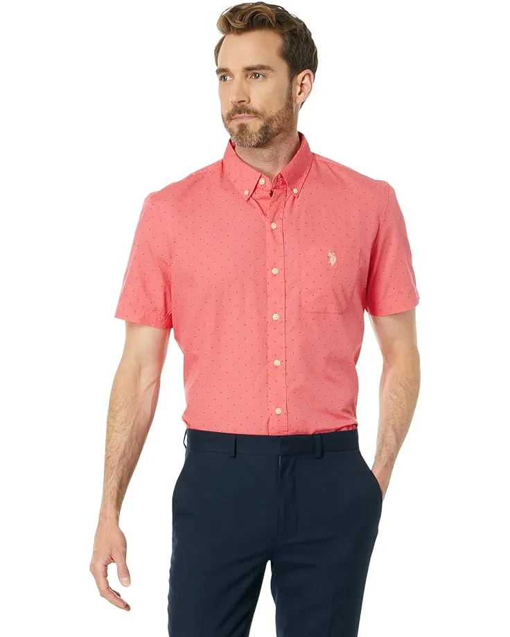 U.S. Polo Assn. Men's Short Sleeve Dot Print Solid Poplin Button Down Shirt