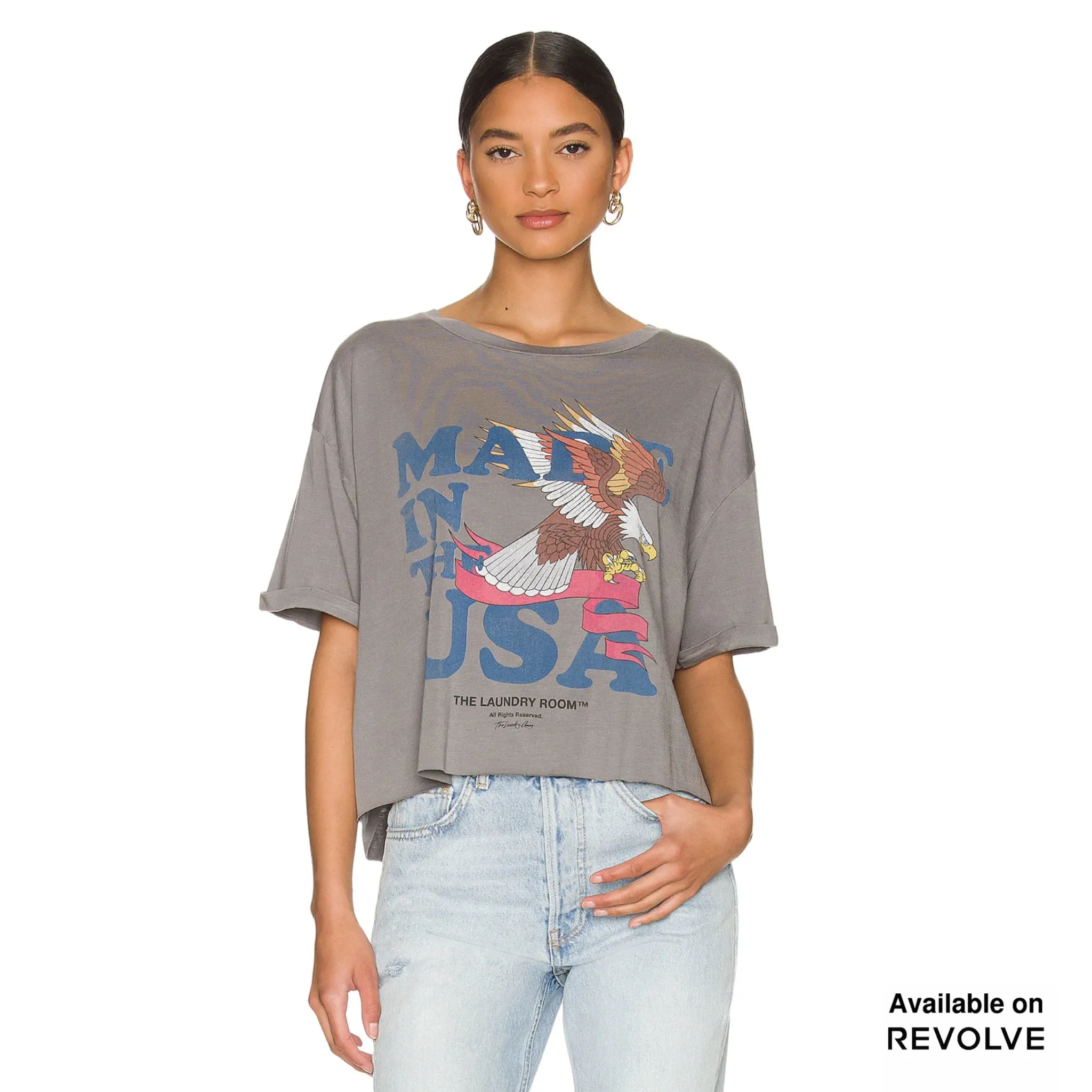 Usa Banner - Crop Oversized Tee - Gravity Grey