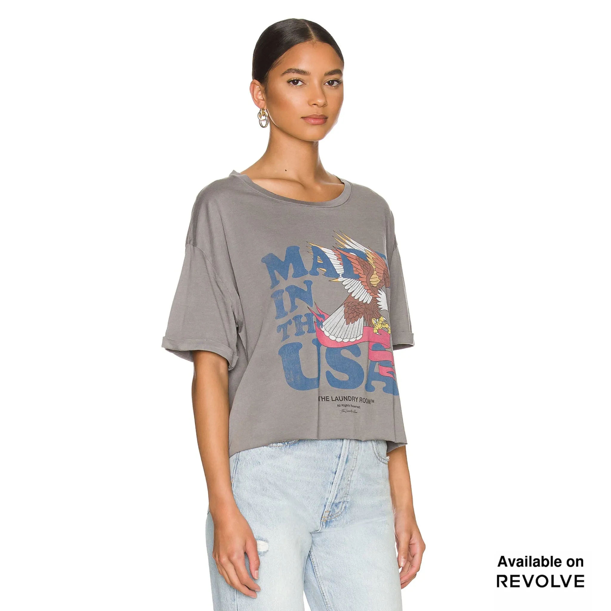 Usa Banner - Crop Oversized Tee - Gravity Grey