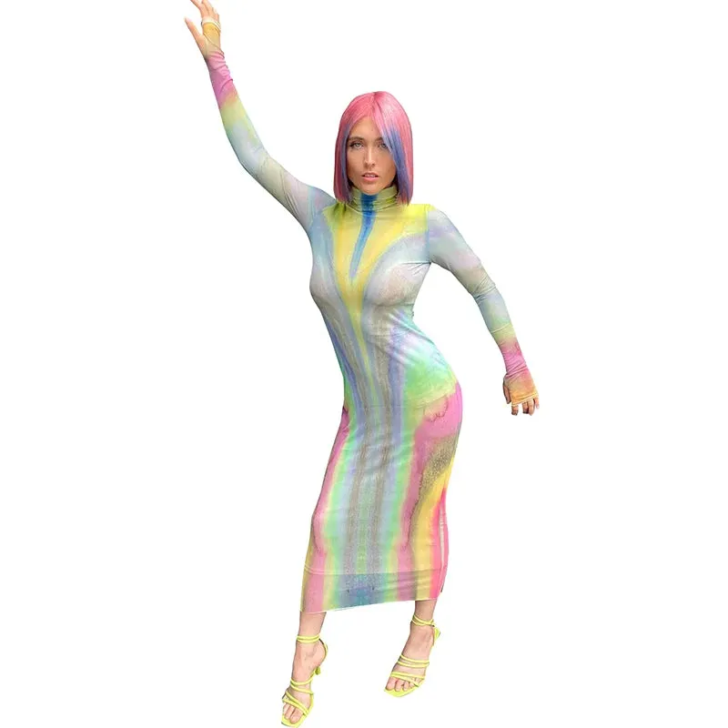 Vevesc Women's Multi-Color Printed Long Sleeve Tight Slim Sexy Dresses Mesh See Through High Collar  Rainbow Dress Streetwear