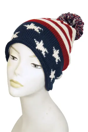 Vintage Red White & Blue American Flag Knit Pom Pom Beanie Hat