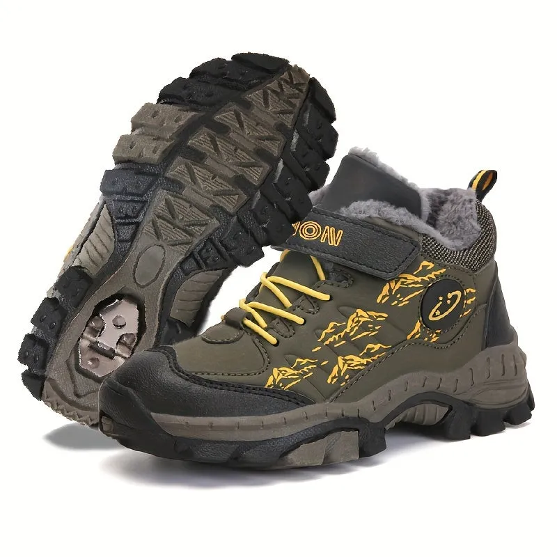 WarmPlus Fleece Insulated Hiking Boots for Boys - Steel Claws, Wear-Resistant, Non-Slip, Waterproof, Breathable, Lightweight, and Comfortable Outdoor Sport Shoes for Camping, Climbing, Autumn, and Winter