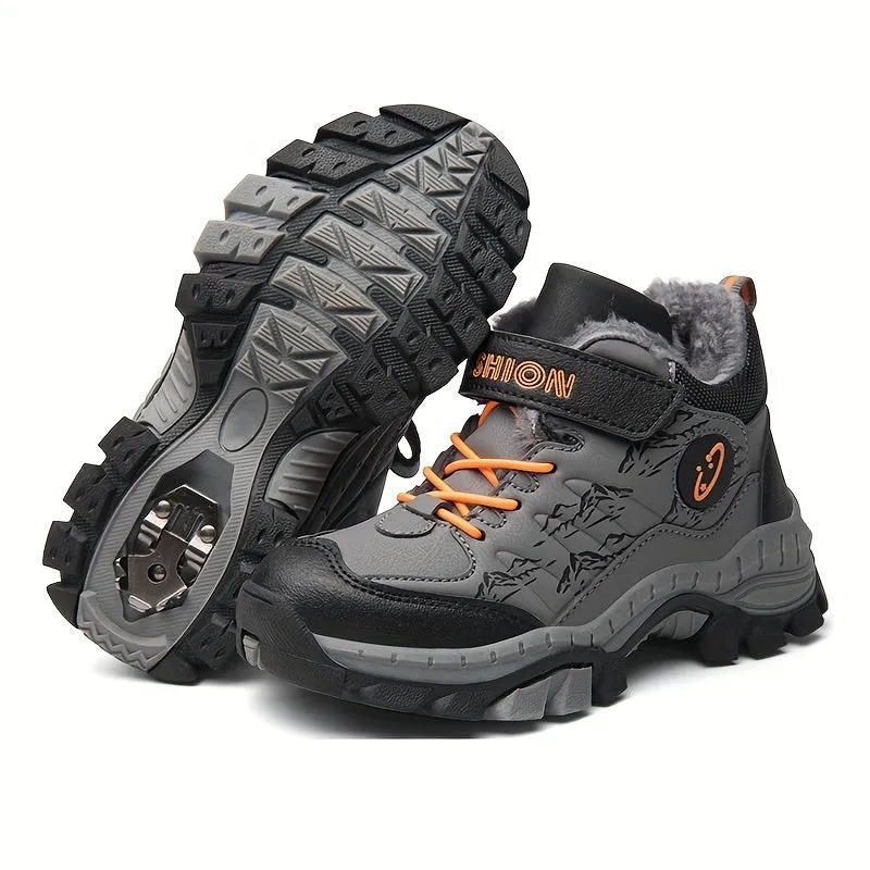 WarmPlus Fleece Insulated Hiking Boots for Boys - Steel Claws, Wear-Resistant, Non-Slip, Waterproof, Breathable, Lightweight, and Comfortable Outdoor Sport Shoes for Camping, Climbing, Autumn, and Winter