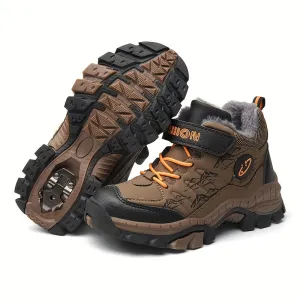 WarmPlus Fleece Insulated Hiking Boots for Boys - Steel Claws, Wear-Resistant, Non-Slip, Waterproof, Breathable, Lightweight, and Comfortable Outdoor Sport Shoes for Camping, Climbing, Autumn, and Winter